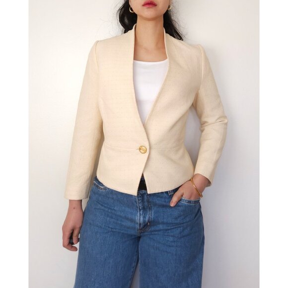Vintage Givenchy collarless deep V neck blazer neutral cream, tailored jacket - Picture 12 of 16